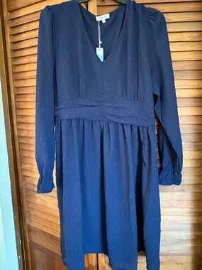 Navy Textured V-Neck Long Sleeve Dress - Elsie & Zoey Brand